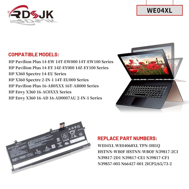 Alt view image 8 of 10 - WE04XL Laptop Battery for HP X360 Spectre 14-EU 2-IN-1 14T-EU000 Envy X360 16-AC 16-AD 2-in-1 Series, for HP Pavilion Plus 14-EW 14-EY 16-AB 16T-AB 16-AC 16-AD N66427-001 N39857-005 N39817-CF1 68Wh