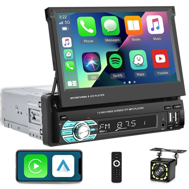 Alt view image 6 of 10 - Single Din Flip Out Screen Car Stereo with Wireless Carplay and Android Auto, 7 inch 1 Din Touch Screen Radio Support Bluetooth/SWC/USB/FM + Backup Camera + Mic + Remote Control