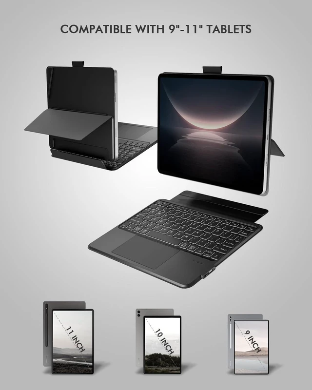 Alt view image 7 of 10 - Universal Keyboard Case for 9-11 Inch Tablets, Dual Bluetooth Detachable Keyboard for Android Tablets/iPads/Galaxy Tabs, Magnetic Backlit Keyboard with Washable Adhesive Mount&Any-Angle Stand&Trackpad