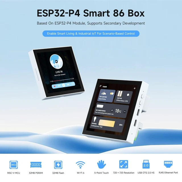 Alt view image 8 of 10 - Waveshare ESP32-P4-WIFI6-Touch-LCD-4B(Support External Camera), ESP32-P4 Smart 86 Box, Dual-Core & Single-Core RISC-V, with 4inch 720x720 Pixel 5Point Touch LCD (Without Ethernet Port, RS485, Relays)