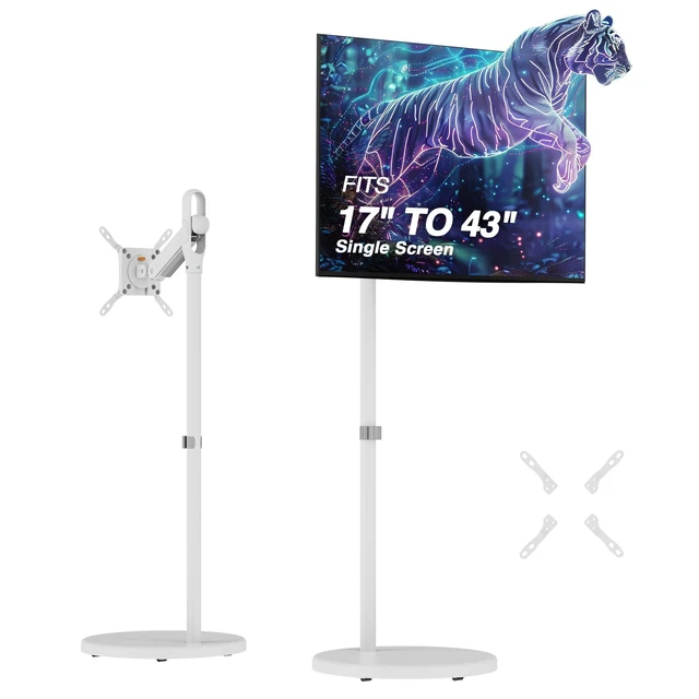 Alt view image 6 of 10 - AVLT Single 17"-43" Inch Portable Monitor Arm TV Rolling Stand With Heavy Base for Screens Up to 22 lbs, Mechanical Spring Height Adjustment, Screen Rotation, Low Profile Base with Caster Wheel, White