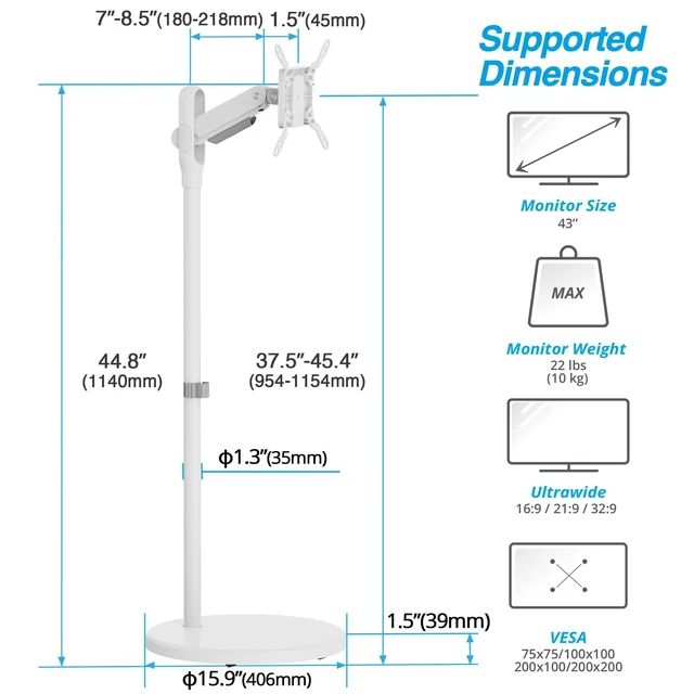 Alt view image 8 of 10 - AVLT Single 17"-43" Inch Portable Monitor Arm TV Rolling Stand With Heavy Base for Screens Up to 22 lbs, Mechanical Spring Height Adjustment, Screen Rotation, Low Profile Base with Caster Wheel, White