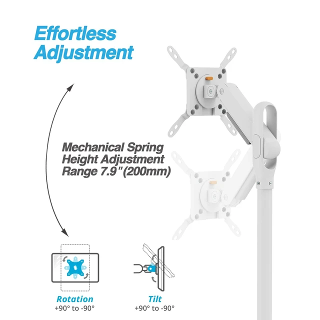 Alt view image 9 of 10 - AVLT Single 17"-43" Inch Portable Monitor Arm TV Rolling Stand With Heavy Base for Screens Up to 22 lbs, Mechanical Spring Height Adjustment, Screen Rotation, Low Profile Base with Caster Wheel, White