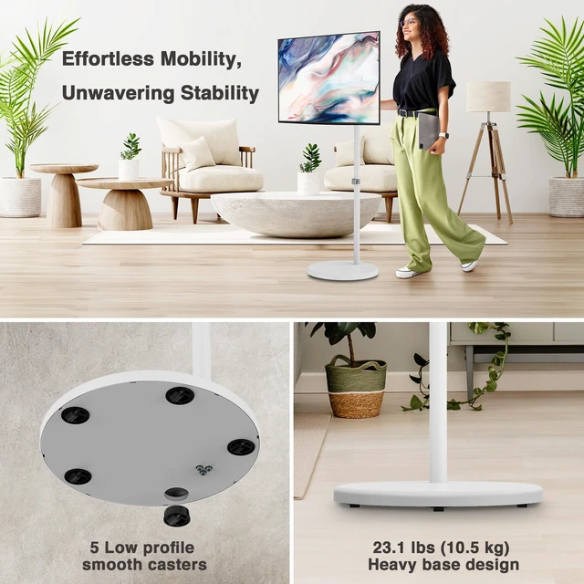 Alt view image 10 of 10 - AVLT Single 17"-43" Inch Portable Monitor Arm TV Rolling Stand With Heavy Base for Screens Up to 22 lbs, Mechanical Spring Height Adjustment, Screen Rotation, Low Profile Base with Caster Wheel, White