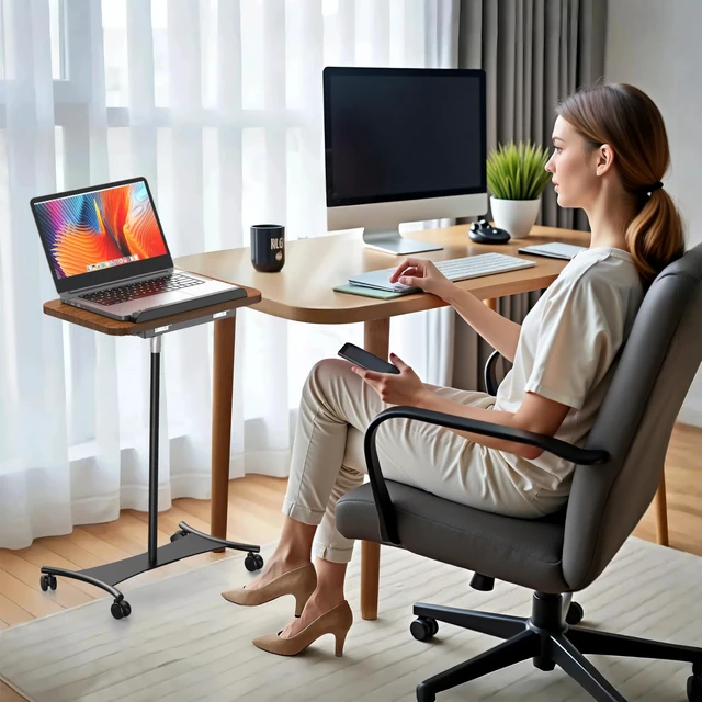 Alt view image 7 of 10 - NAMON Rolling Laptop Stand, 2 in 1 Dual-use Floor & Desktop, Adjustable Height from 16.5" to 51",with 4 Silent Lockable Casters, Laptop Floor Stand Perfect for Home, Office, Study (Walnut Finish)