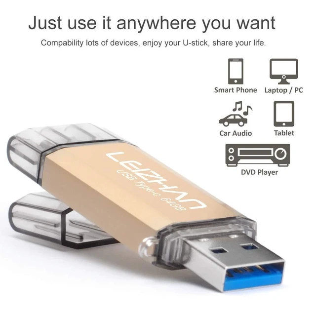 Alt view image 9 of 10 - leizhan 256GB USB 3.0 Flash Drive Thumb Drives Jump Drive Storage Memory Stick Type-C/USB 2 in 1 - Gold