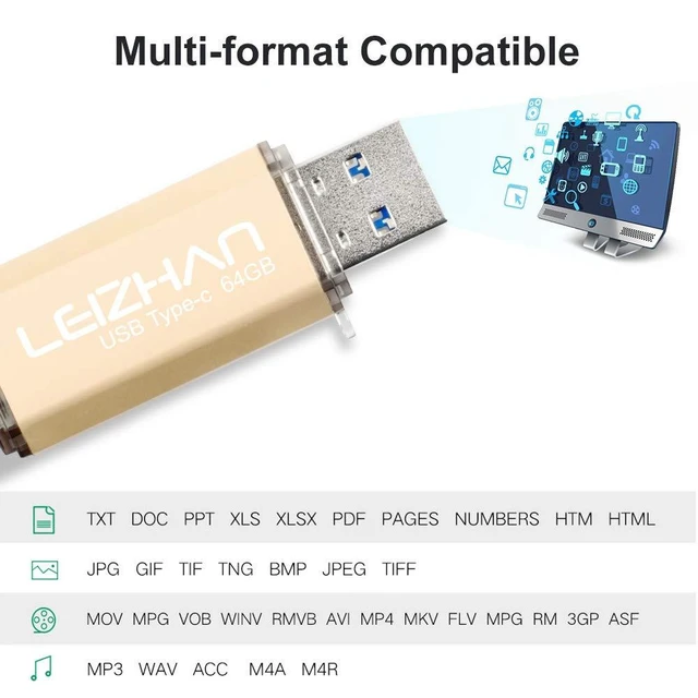Alt view image 8 of 10 - leizhan 256GB USB 3.0 Flash Drive Thumb Drives Jump Drive Storage Memory Stick Type-C/USB 2 in 1 - Gold