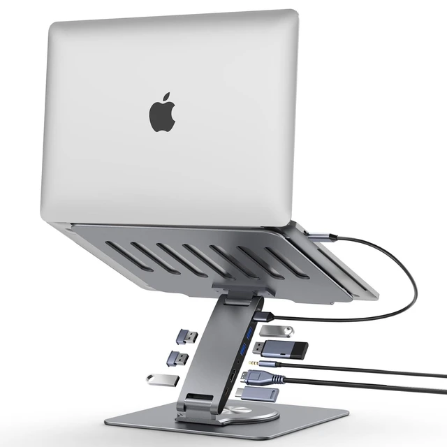 Alt view image 6 of 10 - Laptop Docking Station Stand Dual Display 4K HDMI USB3.0 3.5mm Audio Jack 8-IN-1 360° Swivel Laptop Stand for Desk with USB-C Hub Multiport Adapter Universal for MacBook Pro/Air/Dell/HP/Surface/Lenovo