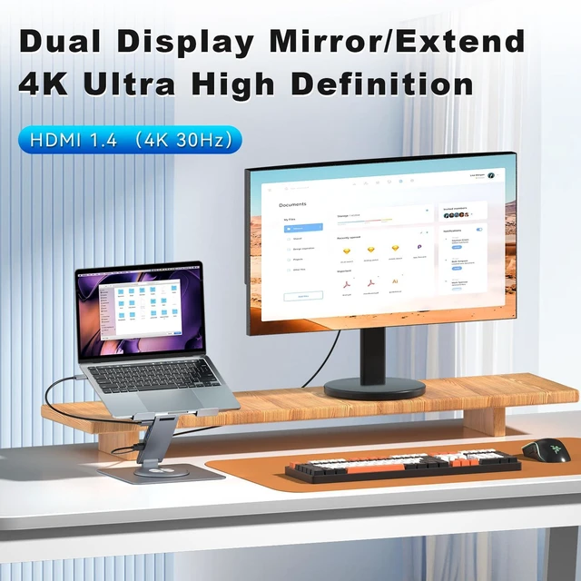 Alt view image 9 of 10 - Laptop Docking Station Stand Dual Display 4K HDMI USB3.0 3.5mm Audio Jack 8-IN-1 360° Swivel Laptop Stand for Desk with USB-C Hub Multiport Adapter Universal for MacBook Pro/Air/Dell/HP/Surface/Lenovo