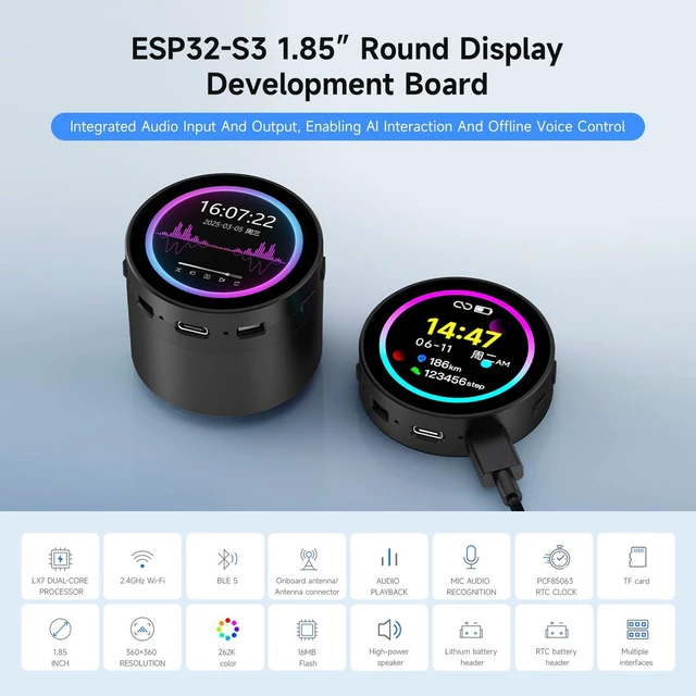 Alt view image 8 of 10 - Waveshare ESP32-S3 1.85inch Round LCD Development Board, 360×360, Supports Wi-Fi & Bluetooth BLE 5, AI Speech, Smart Speaker Box, ESP32 with Display, with Speaker Box