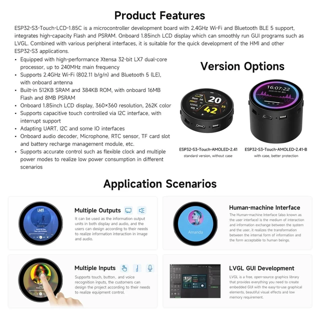 Alt view image 9 of 10 - Waveshare ESP32-S3 1.85inch Round LCD Development Board, 360×360, Supports Wi-Fi & Bluetooth BLE 5, AI Speech, Smart Speaker Box, ESP32 with Display, with Speaker Box