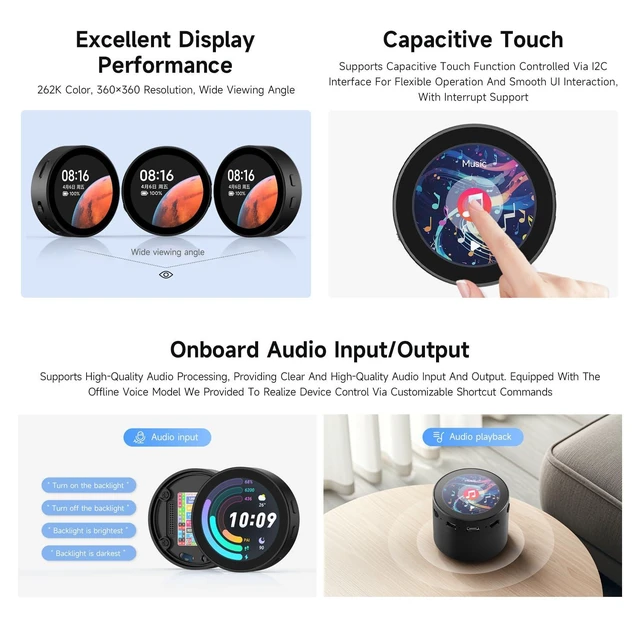 Alt view image 10 of 10 - Waveshare ESP32-S3 1.85inch Round LCD Development Board, 360×360, Supports Wi-Fi & Bluetooth BLE 5, AI Speech, Smart Speaker Box, ESP32 with Display, with Speaker Box