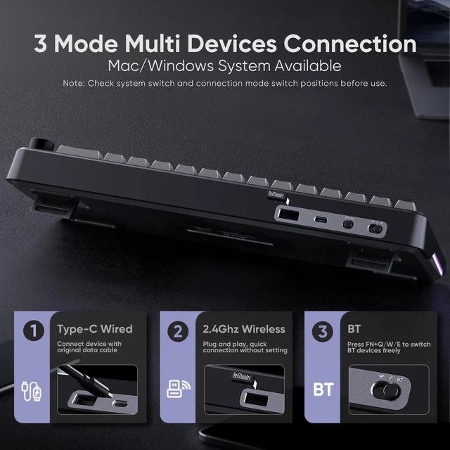 Alt view image 9 of 10 - RedThunder K65 Wireless Mechanical Gaming Keyboard, Trip-Modes Connection, Gasket Custom Hot-Swap Keyboard, RGB Backlit, Pre-lubed Linear Switches, Side Printed PBT Keycaps, Gradient Gray