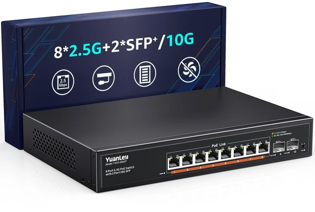 Alt view image 6 of 10 - YuanLey 10 Port 2.5G PoE Switch Unmanaged, 8 x 2.5G Base-T PoE Ports, 2 x 10G SFP, IEEE802.3af/at, 120W, Compatible with 100/1000/2500Mbps, Metal Fanless, VLAN, Rack Mount 2.5Gbe Network Switch