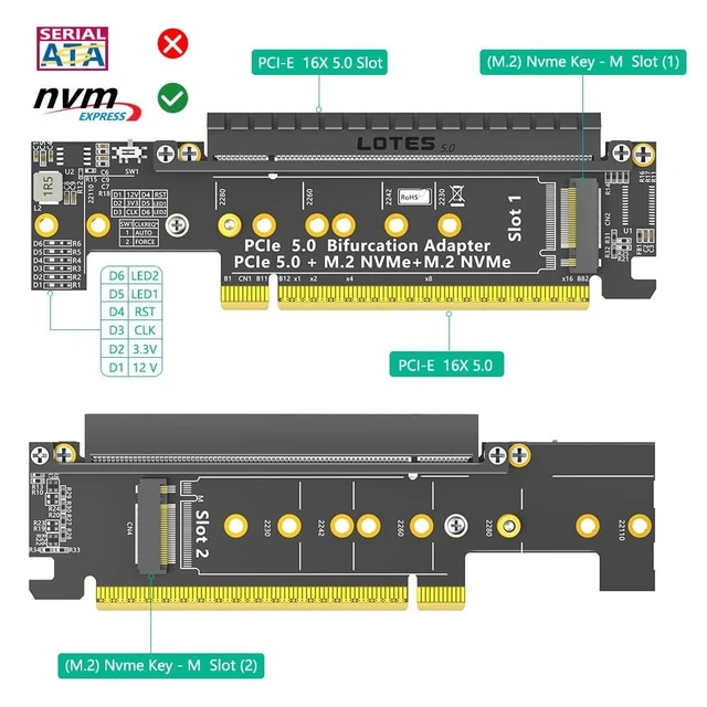 Alt view image 8 of 10 - Mustpoint Dual NVMe Adapter, PCIe 5.0 X16 to Dual NVMe and More PCIE x16 (x8 Signal) Adapter for M.2 NVMe SSD (PCI-e Bifurcation Required)