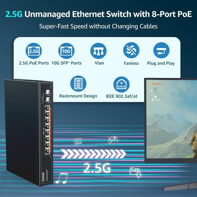 Alt view image 7 of 10 - YuanLey 10 Port 2.5G PoE Switch Unmanaged, 8 x 2.5G Base-T PoE Ports, 2 x 10G SFP, IEEE802.3af/at, 120W, Compatible with 100/1000/2500Mbps, Metal Fanless, VLAN, Rack Mount 2.5Gbe Network Switch