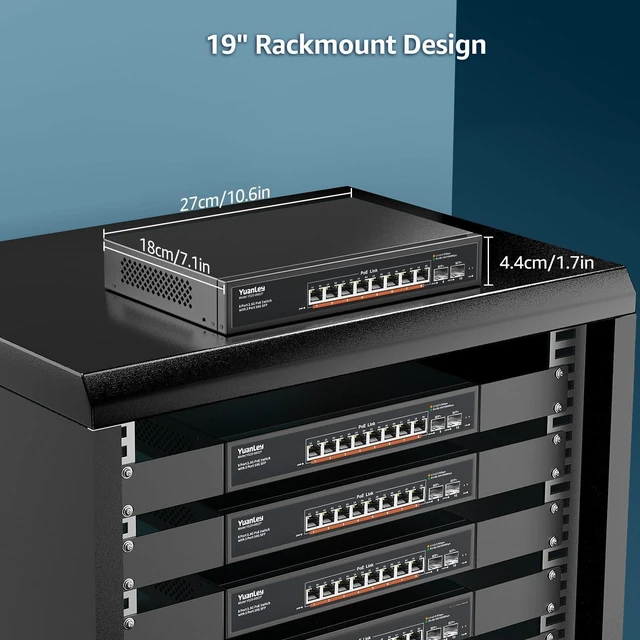 Alt view image 10 of 10 - YuanLey 10 Port 2.5G PoE Switch Unmanaged, 8 x 2.5G Base-T PoE Ports, 2 x 10G SFP, IEEE802.3af/at, 120W, Compatible with 100/1000/2500Mbps, Metal Fanless, VLAN, Rack Mount 2.5Gbe Network Switch