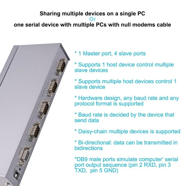 Alt view image 10 of 10 - RS232 Splitter, DTECH 4 Port Serial Expansion Box 1x4 COM Port Expander with Power Adapter for Sharing PCs and Capture Data