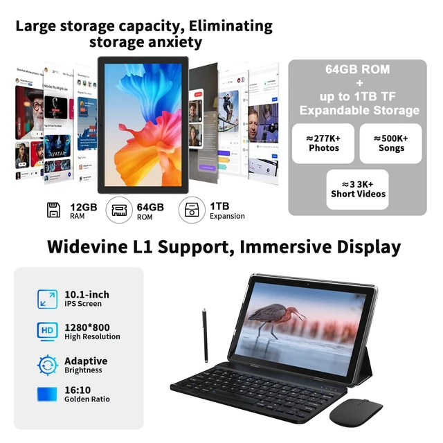 Alt view image 9 of 10 - Android 15 Tablet 10 Inch, 12(3+9) GB RAM+64GB ROM, 2 in 1 Tablets with Keyboard Case Mouse Stylus, 1.8GHz Five-core Processor, 1280 * 800 IPS HD Screen, 5G WiFi6 BT 5.3, 8MP Camera Tableta PC
