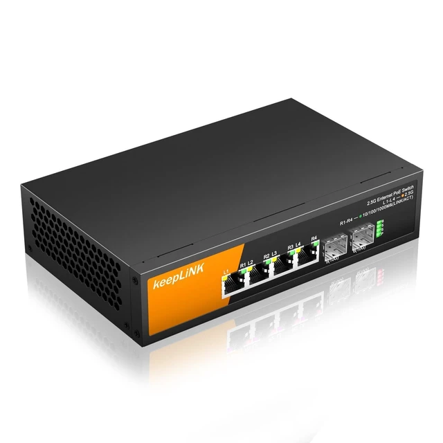 Alt view image 6 of 10 - keepLiNK 6 Port 2.5G PoE Switch Unmanaged, 4 x 2.5G Base-T PoE Ports @72W, 2 x 10G SFP, IEEE802.3af/at, Metal Housing Fanless Desktop or Wall Mount