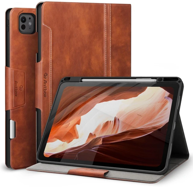 Alt view image 6 of 10 - Antbox for iPad Pro 13 Inch Case M5 2025/M4 2024, Built-in Pencil Holder, Supports Pencil Pro/(USB-C), Auto Sleep/Wake, PU Leather (Brown)