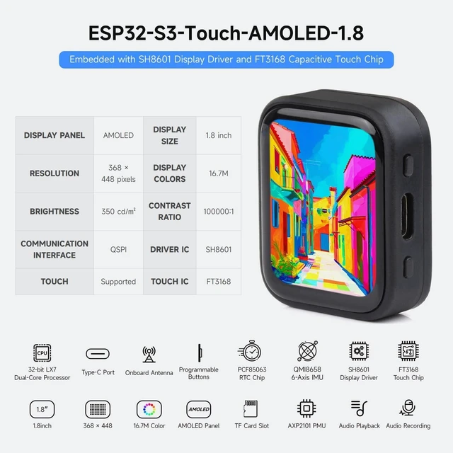 Alt view image 8 of 10 - Waveshare ESP32-S3 1.8inch AMOLED Touch Display, Embedded with SH8601 Display Driver and FT3168 Capacitive Touch Chip, ESP32 with Display,32-bit LX7 Dual-core, 368448 Pixels, Without Lithium Battery