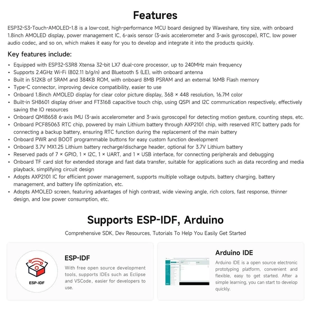 Alt view image 9 of 10 - Waveshare ESP32-S3 1.8inch AMOLED Touch Display, Embedded with SH8601 Display Driver and FT3168 Capacitive Touch Chip, ESP32 with Display,32-bit LX7 Dual-core, 368448 Pixels, Without Lithium Battery