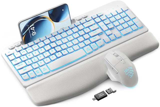 Alt view image 2 of 2 - SABLUTE Wireless Keyboard and Mouse Combo - Ergonomic Wave Keyboard with Soft Leather Wrist Rest, Phone Holder, Rechargeable, RGB Backlit Mouse, Full-Size Set for Windows/Mac/Computer (White)