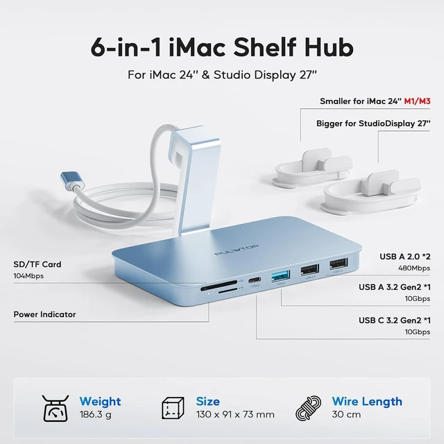 Alt view image 9 of 14 - iMac Accessories for i-Mac 2021/2023/2024, USB C Hub for iMac with USB A/C 10Gbps, Hub for M1/M3/M4, 2USB A 2.0, SD/TF Card Reader for iMac24 inch & Studio Display 2 Blue