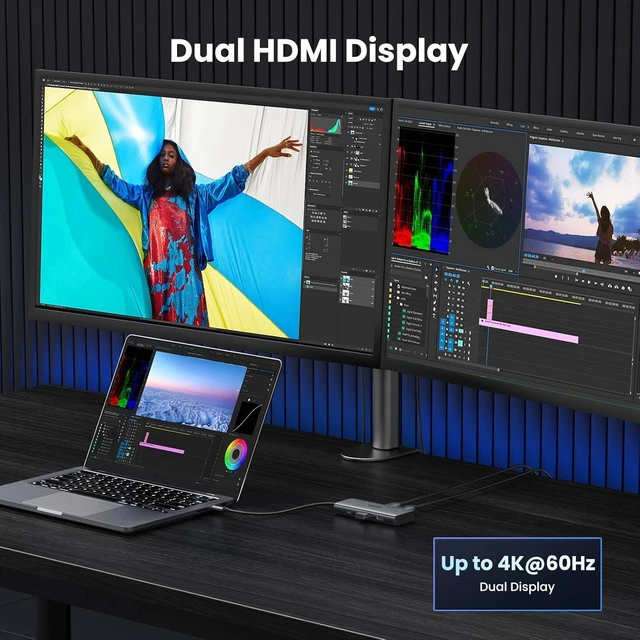 Alt view image 10 of 14 - UGREEN Revodok 206 Docking Station Dual Monitor 6 in 1 USB C Dock Dual HDMI 4K@60Hz Single 8K@30Hz 100W PD 5Gbps USB C and USB A Data Ports USB C Hub for XPS, ThinkPad and More
