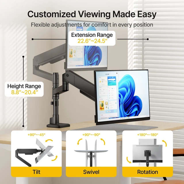 Alt view image 7 of 10 - monTEK Tall Single Monitor Arm for 17 to 45 Inch Curved Screen Adjustable Upgraded Heavy Duty Ultrawide Monitor Arm Holds 35 Lbs Cable Management with C Clamp, Grommet Base, VESA 75/100mm, MA1007PBK