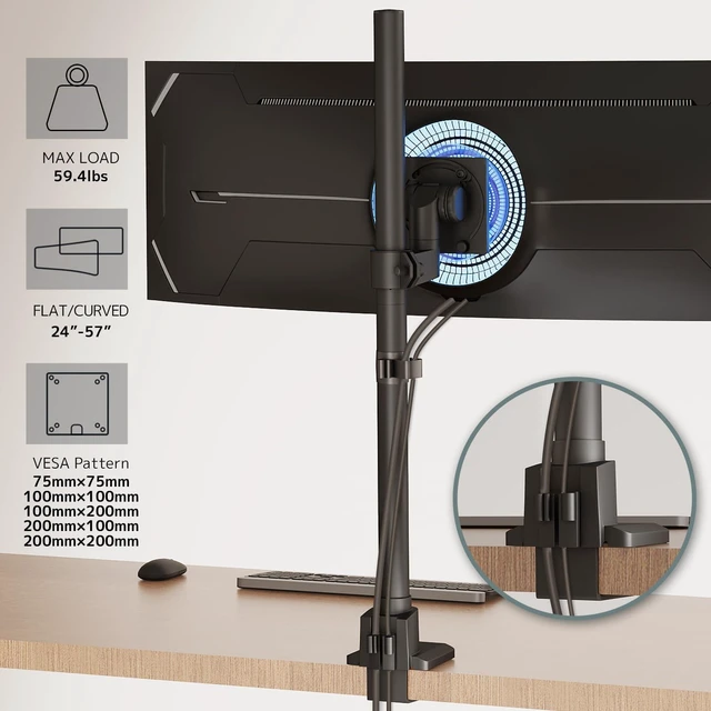 Alt view image 9 of 10 - Heavy Duty Monitor-Arm Ultrawide for 24-57 - Extra Tall Aluminum Single Monitor Mount Holds up to 59.4 lbs, Adjustable Desk Mount Stand, VESA 75/100/200 mm, Black