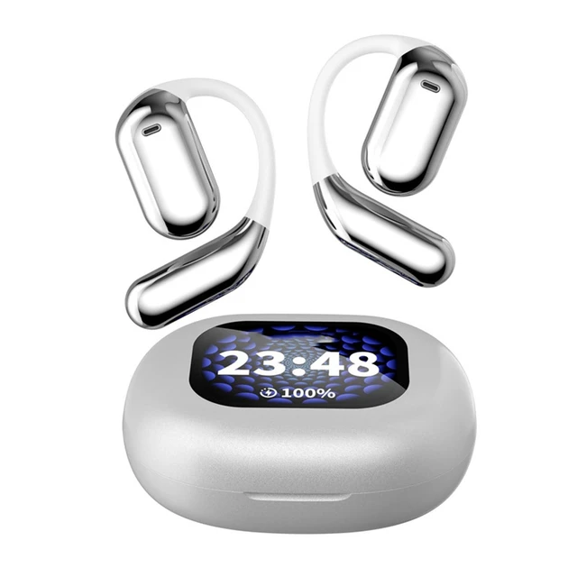 Alt view image 6 of 10 - Touchscreen LCD Open Over the Ear Bone Conduction Smart Earbuds - Wireless Bluetooth Headphones with Touch Screen Case and Earhooks