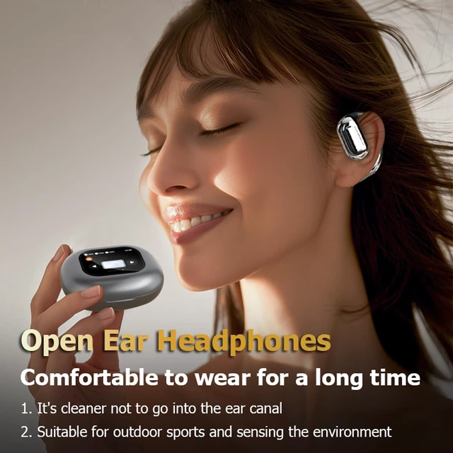 Alt view image 8 of 10 - Touchscreen LCD Open Over the Ear Bone Conduction Smart Earbuds - Wireless Bluetooth Headphones with Touch Screen Case and Earhooks