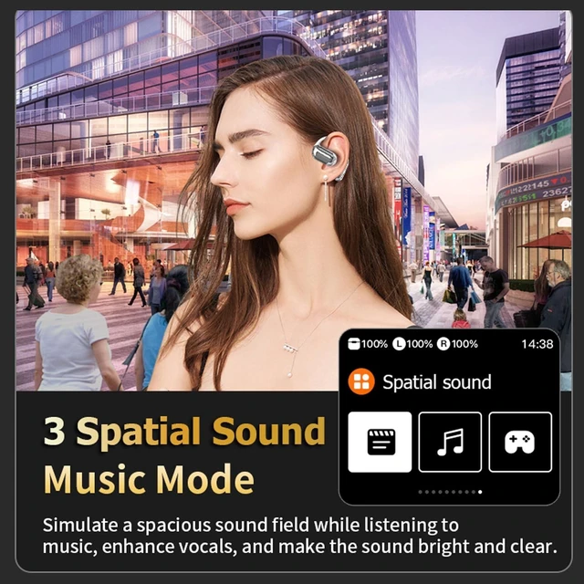 Alt view image 9 of 10 - Touchscreen LCD Open Over the Ear Bone Conduction Smart Earbuds - Wireless Bluetooth Headphones with Touch Screen Case and Earhooks