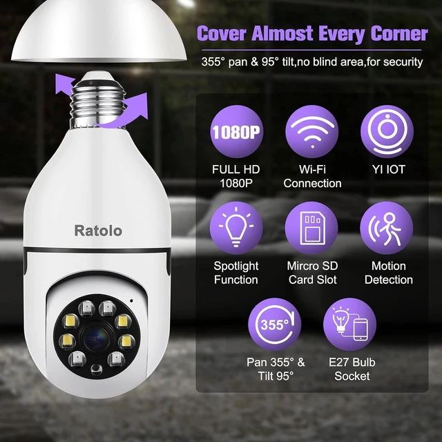 Alt view image 13 of 14 - Security Camera Indoor Wireless with 64GB Memory Card(2 Packs) 1080P WiFi Outdoor Home E27 360 Degree Panoramic Home Security Cameras IP Camera Motion Detection and Alarm Two-Way Audio