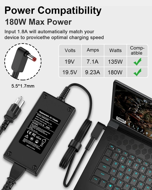 Alt view image 12 of 14 - 180W 135W Laptop Charger Compatible with Acer Predator Helios 300 PH315-52 PH315-51 PH317-51 G3-571 G3-572 Nitro 5 7 AN515-51 AN515-53 AN515-54 Triton 300 500 Nitro 5 7 Gaming Power Adapter Cord