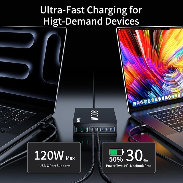 Alt view image 9 of 14 - 880W USB C Charger Block Charging Station 8 Port Fast Chager 140W PD PPS AVS HUB Laptop MacBook Charger Compatible with All iPhone 17 Pro Max/17 Air/16 SE/Samsung Galaxy 25/ MacBook Pro/Air/iPad Pro