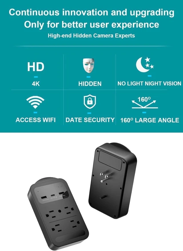 Alt view image 12 of 14 - 2026 Upgraded 4K WiFi Nanny Cam Hidden Camera with Night Vision,Wireless Outlet Charger Camera,Motion Detection|SD Storage Indoor Camera for Pet|Home|Office-Black (Black) (Black)