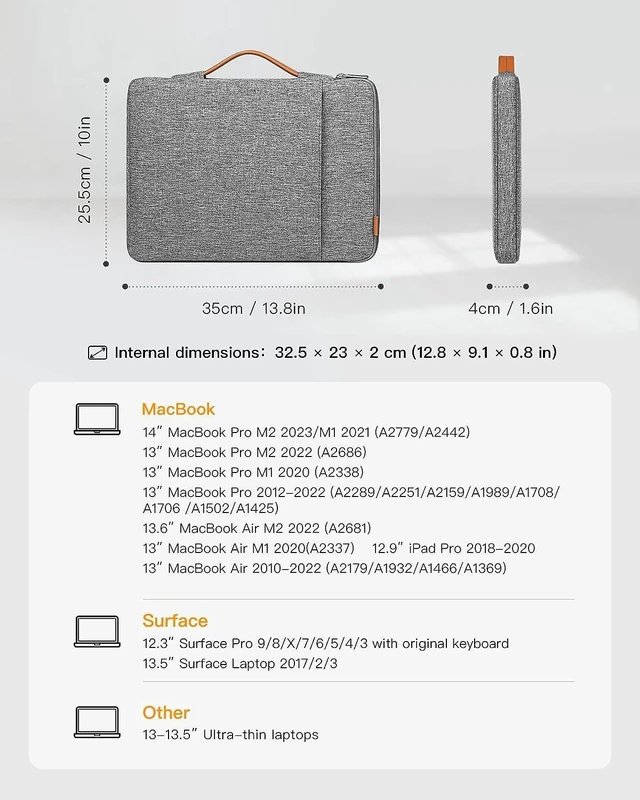 Alt view image 8 of 12 - 13-13.5 Inch 360 Protective Laptop Sleeve Carrying Case Bag Compatible with 13 Inch MacBook Air/Pro M2/M1 2022-2012 14 Inch MacBook Pro M1 2021 M2 2023 Surface Pro X/9/8/7/6/5/4/3 Gray