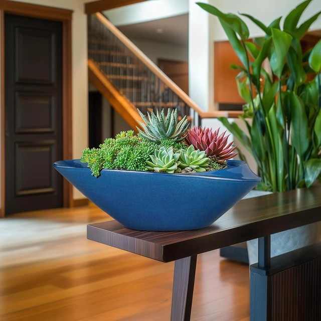 Alt view image 12 of 14 - Bonsai Pot - 18 Inch Ceramic Planter for Indoor Outdoor Plants Bonsai Tree Pot Modern Large Succulent Planter Decorative Plant Pot with Drainage Hole Blue