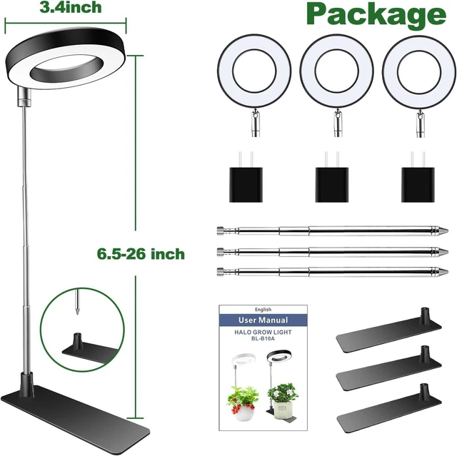 Alt view image 12 of 12 - Aokrean Plant Grow Light, 48 LEDs Full Spectrum Grow Lights for Indoor Plants, Height Adjustable Small Halo Grow Light with Base, 3 Optional Spectrums, Auto Timer 3/9/12Hrs, 10 Brightness, 3 Pack