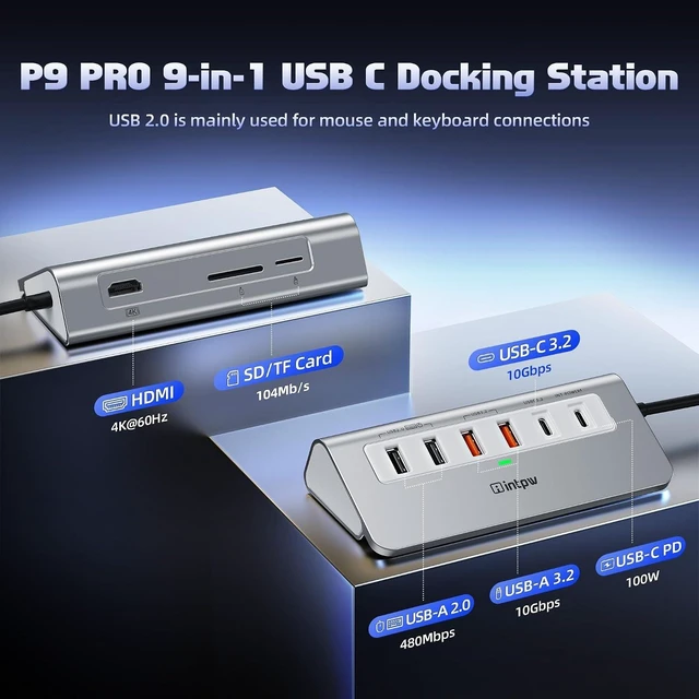 Alt view image 9 of 14 - P9 PRO USB C Hub 10Gbps, 9-in-1 USB C Docking Station with 4K@60Hz HDMI, Type-C & 2 Type-A 3.2, 2 USB-A 2.0, PD 100W, SD/TF Port,Aluminum USB Hub for Laptop, iPhone 17 Series, MacBook Air/Pro