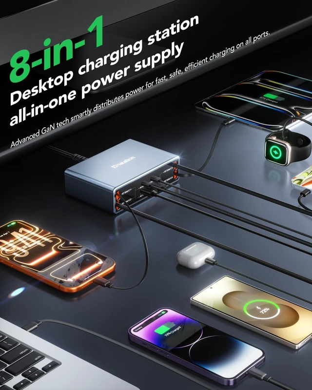 Alt view image 10 of 14 - 8-in-1 Retractable Charger for Apple Samsung Multiple Devices,Charging Station 105W USB c Gan Usbc Hub,Fast Charger Wall Plug for iPhone 17/16/15,Galaxy S26,Pixel,iPad,Home Office,Desktop Accessories