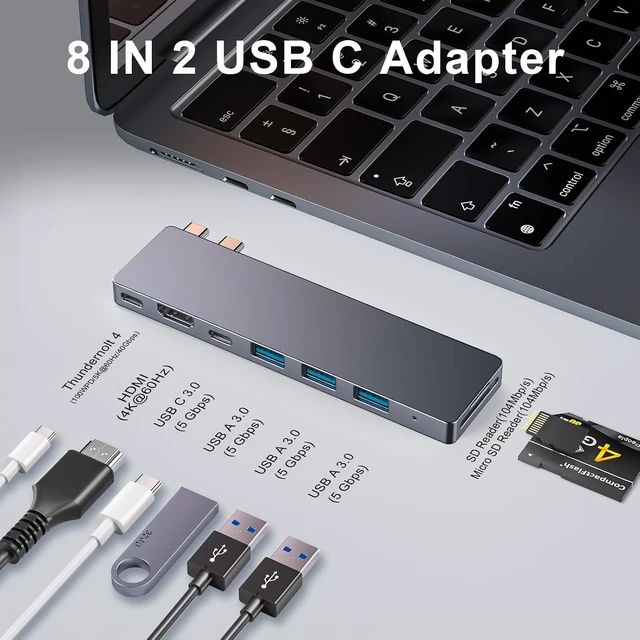 Alt view image 9 of 14 - USB C Hub,8 in 2 USB Adapter for MacBook Pro AirThunderbolt 4 Dock 100W PD, 40Gbps, 4K HDMI, USB C 3.0, 3 USB A 3.0, SD/TF Card Reader, Compatible with MacBook Pro Air M1/M2/M3/M4
