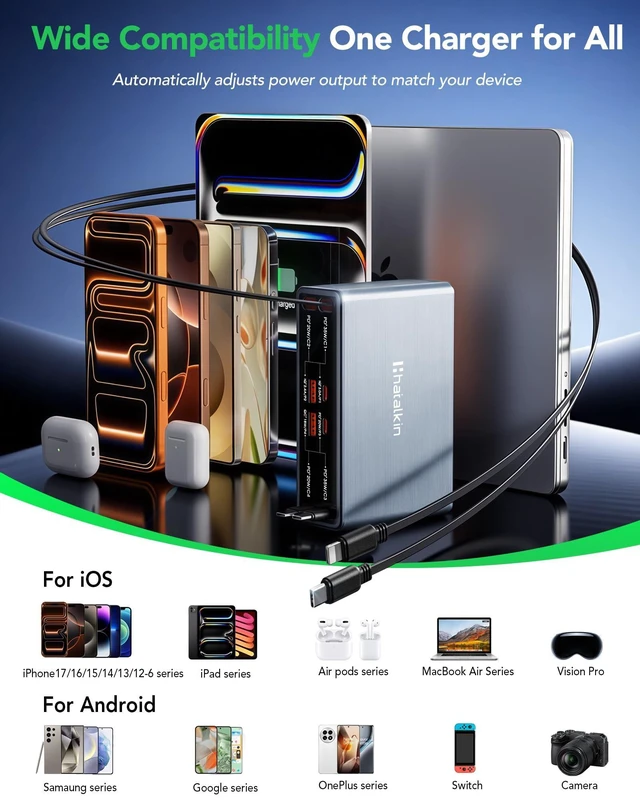 Alt view image 13 of 14 - 8-in-1 Retractable Charger for Apple Samsung Multiple Devices,Charging Station 105W USB c Gan Usbc Hub,Fast Charger Wall Plug for iPhone 17/16/15,Galaxy S26,Pixel,iPad,Home Office,Desktop Accessories