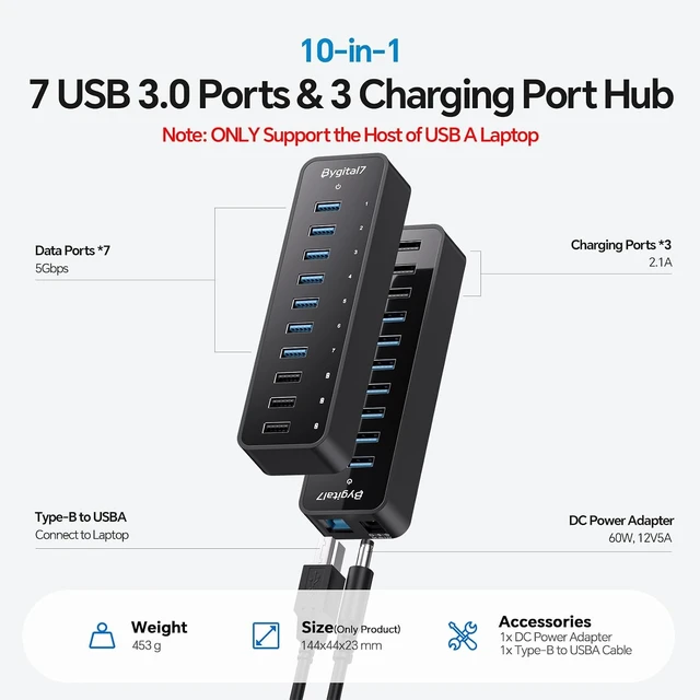 Alt view image 9 of 14 - USB 3.0 Hub, 10Ports USB-Hub with 7 USB-3.0 & 3 BC1.2 Ports, Multi USB 60W Data Hub Compatible for USB A Laptops, PC, All USB Devices, Mobile and HDD, USB 3.1 Splitter