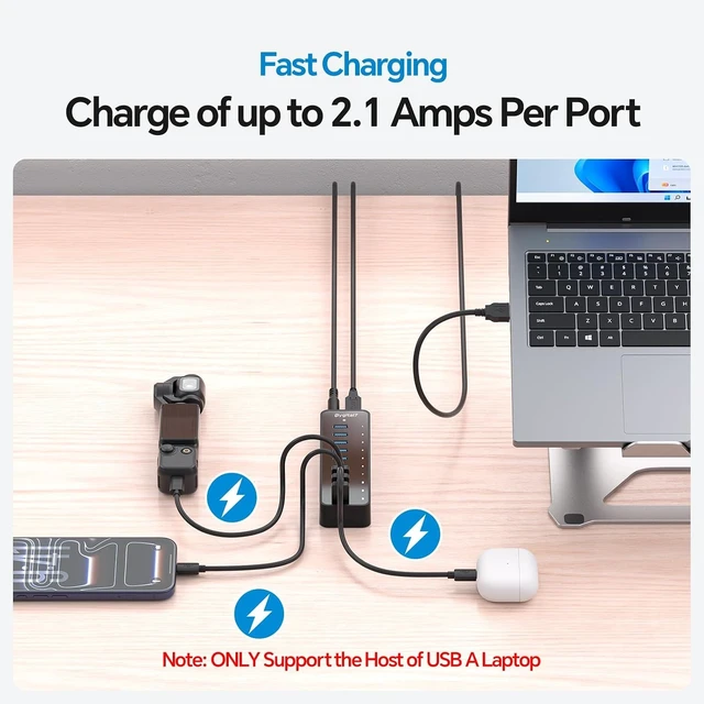 Alt view image 10 of 14 - USB 3.0 Hub, 10Ports USB-Hub with 7 USB-3.0 & 3 BC1.2 Ports, Multi USB 60W Data Hub Compatible for USB A Laptops, PC, All USB Devices, Mobile and HDD, USB 3.1 Splitter