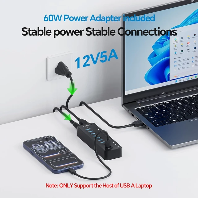 Alt view image 12 of 14 - USB 3.0 Hub, 10Ports USB-Hub with 7 USB-3.0 & 3 BC1.2 Ports, Multi USB 60W Data Hub Compatible for USB A Laptops, PC, All USB Devices, Mobile and HDD, USB 3.1 Splitter