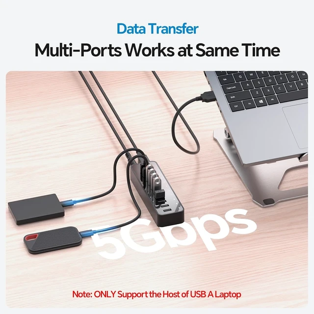 Alt view image 11 of 14 - USB 3.0 Hub, 10Ports USB-Hub with 7 USB-3.0 & 3 BC1.2 Ports, Multi USB 60W Data Hub Compatible for USB A Laptops, PC, All USB Devices, Mobile and HDD, USB 3.1 Splitter